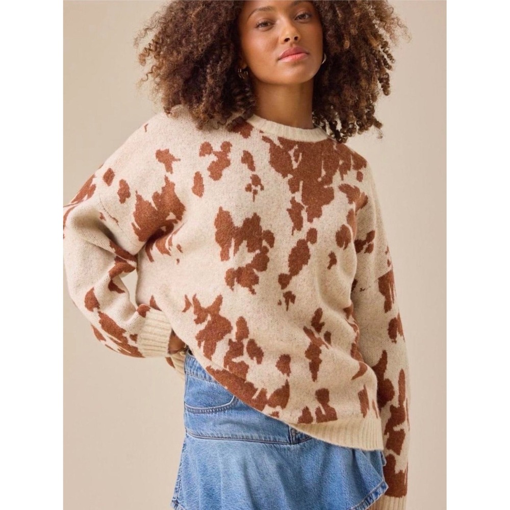 Altar'd State Cow Print‎ Oversized Crew Neck Sweater Brown Cream Size XS NWT